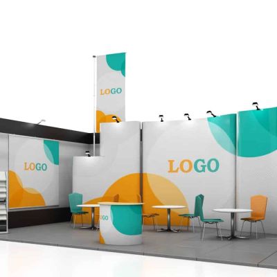 Blank creative exhibition stand design with color shapes. Booth template. (Demo)